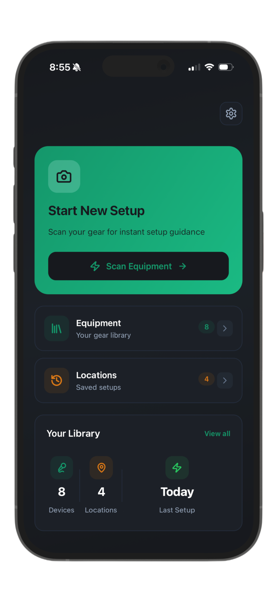 PodSetup Studio app — home screen showing equipment scan, room analysis, and your gear library