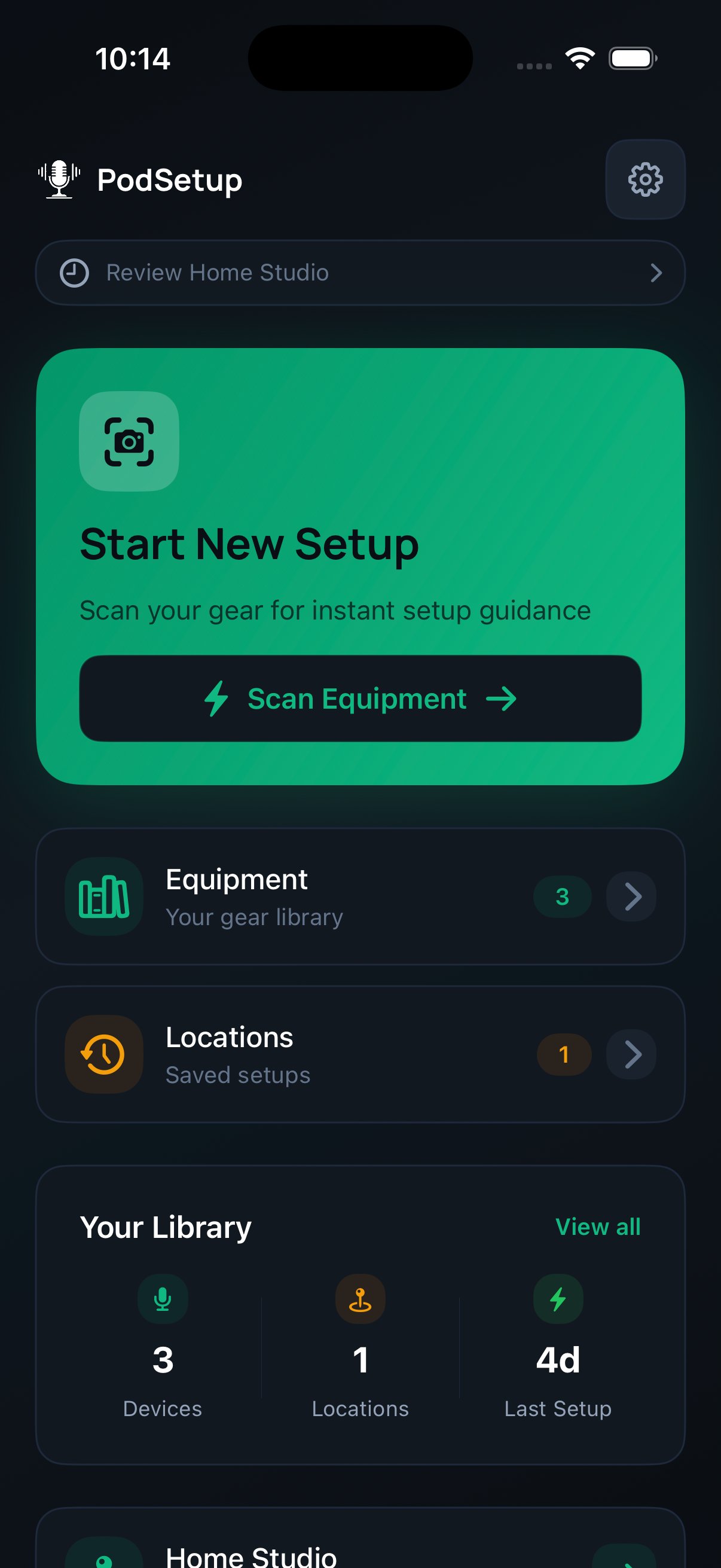 PodSetup Studio app home screen showing Start New Setup, Equipment, Locations, and Your Library sections.